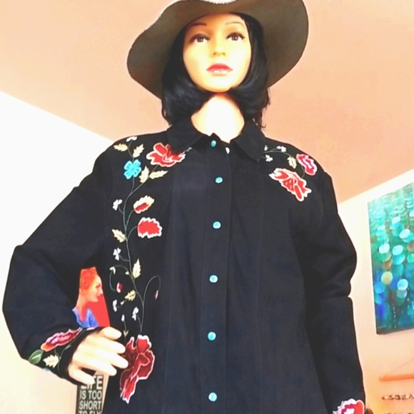 Double D Ranch Tops - DOUBLE D RANCH DD Black Suede Leather Turq Snaps Floral Embroidery  Shirt Blouse